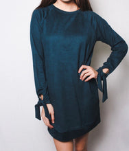 Load image into Gallery viewer, Thick, super soft blue sweater dress with tie up sleeves
