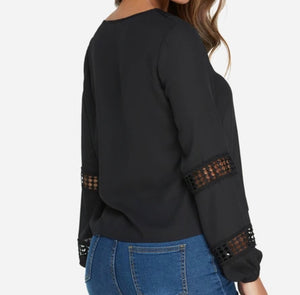 Black hollow out v-neck long sleeve chiffon blouse