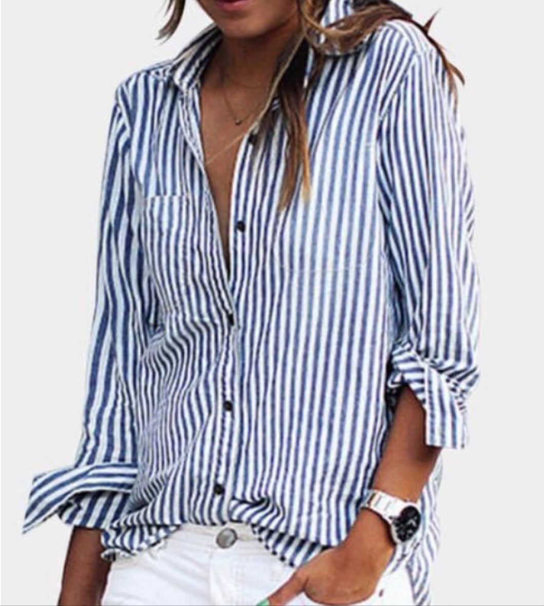 Long sleeve striped blouse with one pocket
