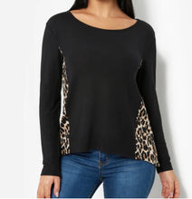 Load image into Gallery viewer, Long sleeve high/low black top with leopard print sides
