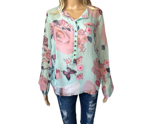 High/low chiffon button up floral blouse