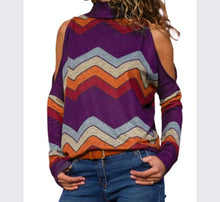 Load image into Gallery viewer, High neck cold shoulder striped top
