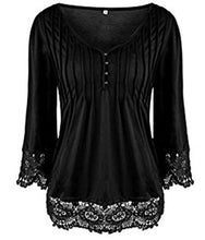 Load image into Gallery viewer, Black 3/4 sleeve V-neck lace blouse with buttons
