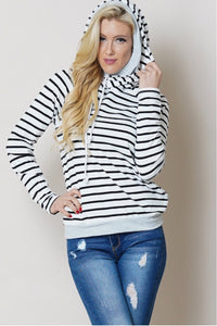 Plus size fleece knit drawstring striped hoodie