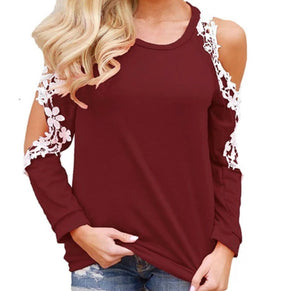 Cold shoulder long sleeve top with lace crochet trim