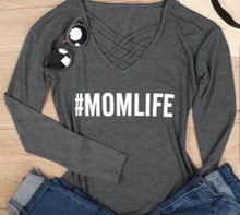 Load image into Gallery viewer, Lightweight long sleeve #Momlife sweaters with criss cross design
