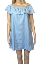 Load image into Gallery viewer, Off shoulder denim dress with  ruffle and side pockets
