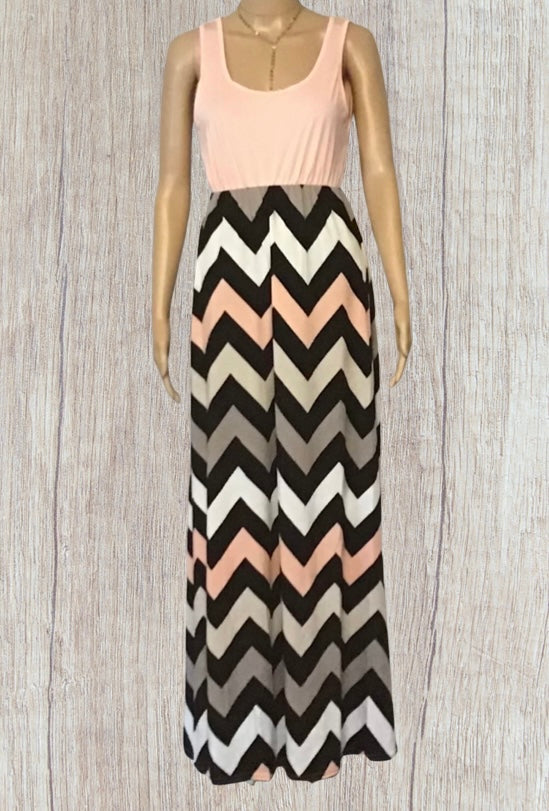 Pink/peach sleeveless chevron pattern maxi dress