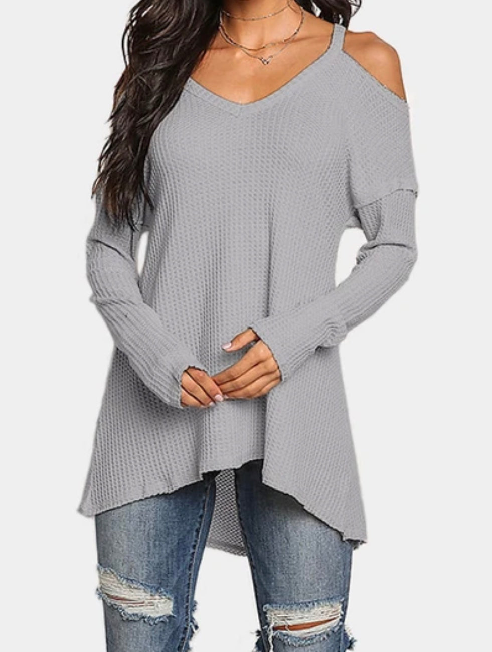 Cold shoulder waffle knit long sleeve top