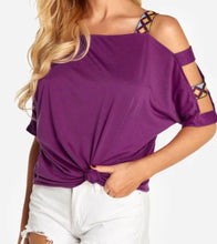 Load image into Gallery viewer, Purple cut out cold shoulder top with patterned straps
