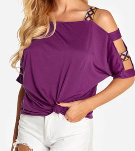 Purple cut out cold shoulder top with patterned straps