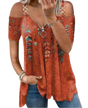 Load image into Gallery viewer, Feather pattern short sleeve top with metal straps
