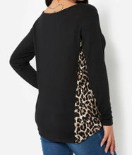 Load image into Gallery viewer, Long sleeve high/low black top with leopard print sides
