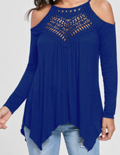 Load image into Gallery viewer, Cold shoulder handkerchief style top with crochet front
