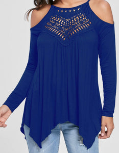 Cold shoulder handkerchief style top with crochet front