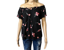 Load image into Gallery viewer, Short sleeve black floral tie up blouse
