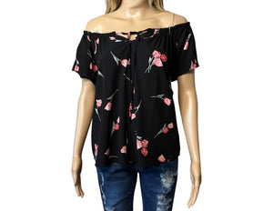 Short sleeve black floral tie up blouse