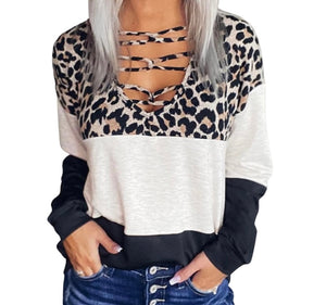 Leopard print color block linked neck long sleeve top