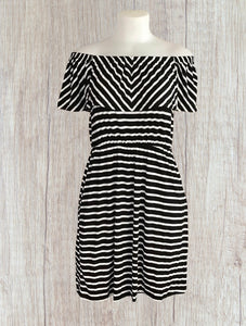 Black/white striped off shoulder dress