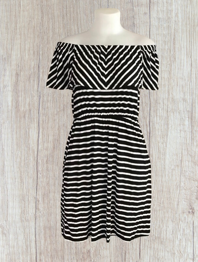 Black/white striped off shoulder dress