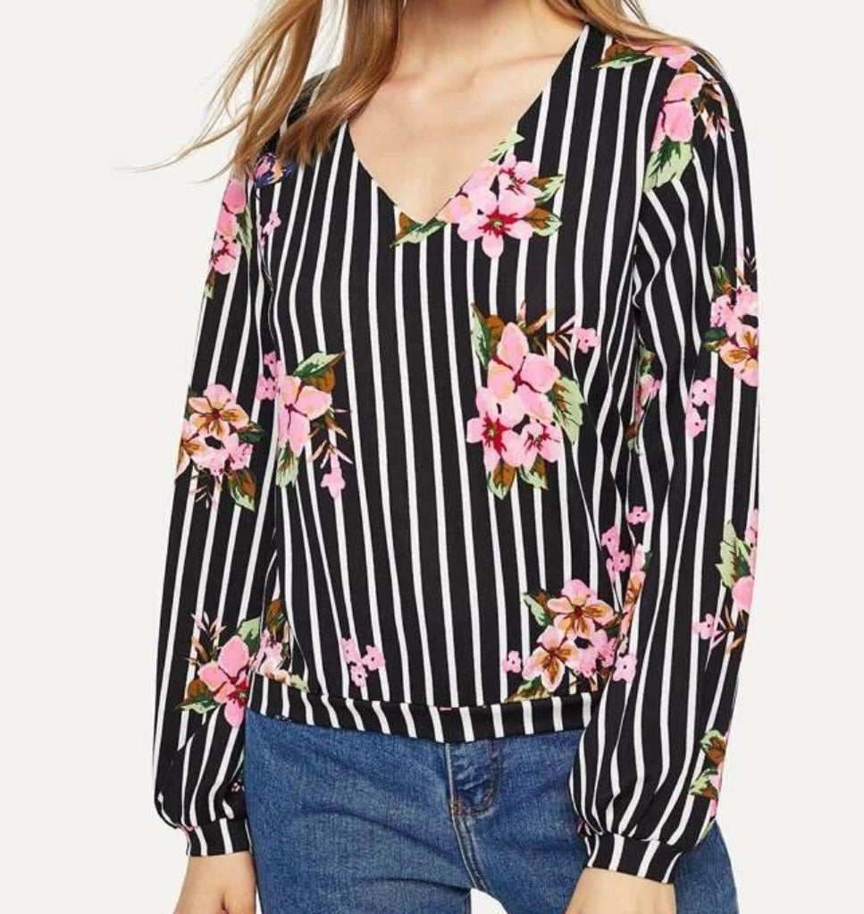 Black striped floral V-neck blouse