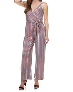 Striped jumpsuit with belt