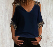 Load image into Gallery viewer, Cold shoulder V-neck tee with leopard print trim
