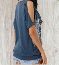 Load image into Gallery viewer, Blue feather print cold shoulder top
