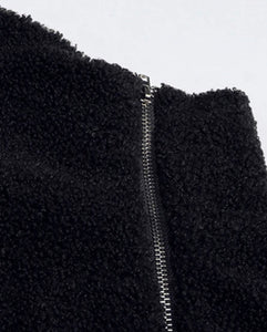 Black wrap design turtleneck teddy sweater