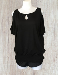 Black cold shoulder top with elastic waistband