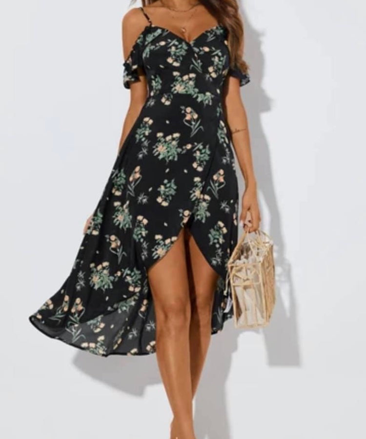 Black floral  cold shoulder crossover dress