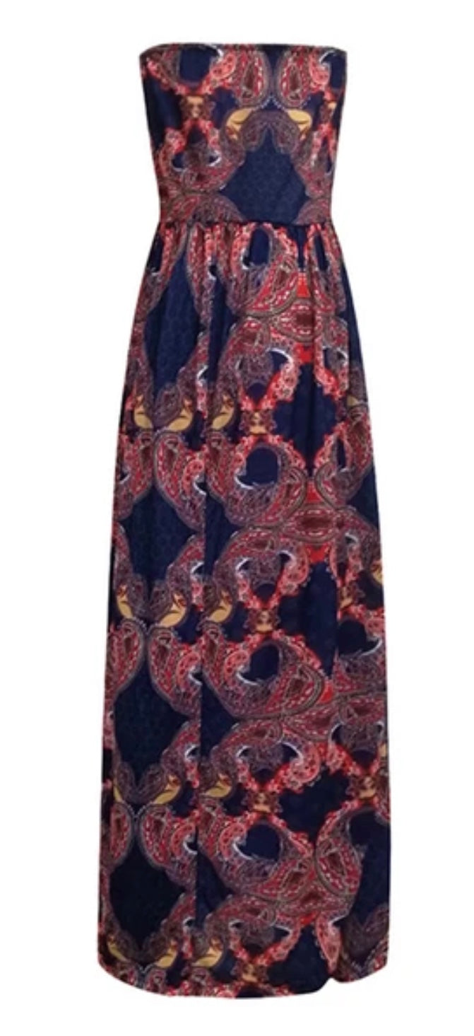 Navy strapless paisley dress with pockets