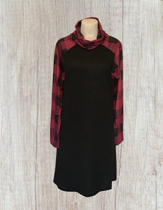 Black dress with wine red plaid sleeves