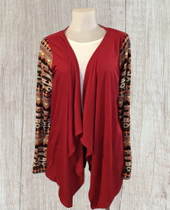 Open front draped cardigan with patterned sleeves