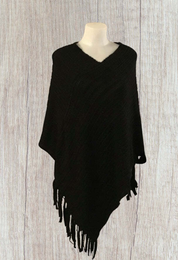 Black acrylic lightweight poncho with tassels