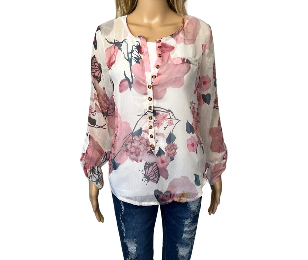 High/low chiffon button up floral blouse