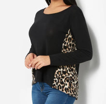 Load image into Gallery viewer, Long sleeve high/low black top with leopard print sides
