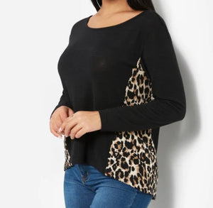 Long sleeve high/low black top with leopard print sides