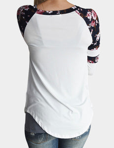 White long sleeve floral round neck top