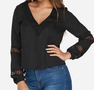 Black hollow out v-neck long sleeve chiffon blouse