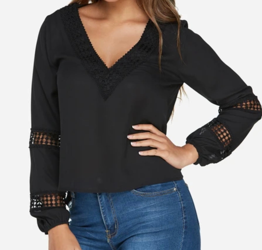 Black hollow out v-neck long sleeve chiffon blouse