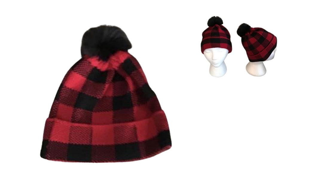 Adult/teen red plaid toque with Pom Pom