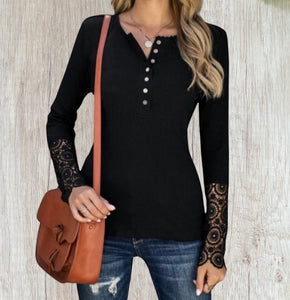 Button up long sleeve top with crochet sleeve