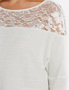 Plus size white lace insert waffle knit top