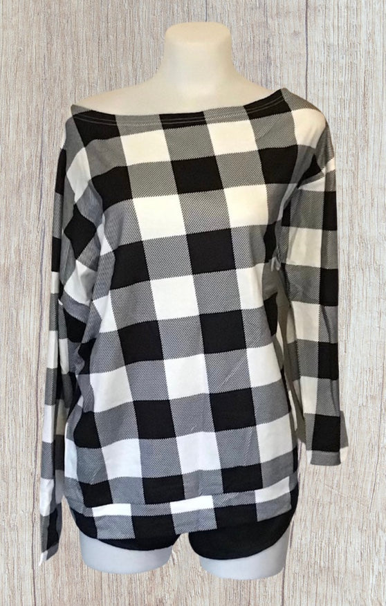 Plaid off one shoulder sweater
