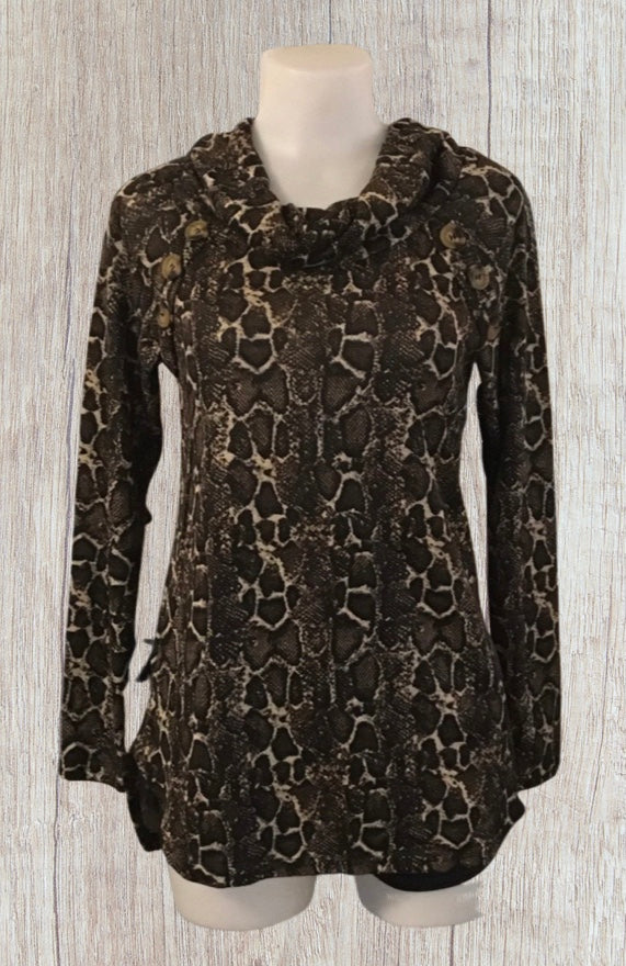 Snakeskin print long sleeve top with decorative buttons