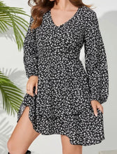 Load image into Gallery viewer, Black calico tiered hem mini dress
