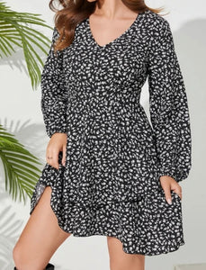 Black calico tiered hem mini dress