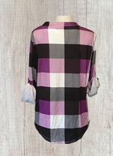 Load image into Gallery viewer, Purple v-neck long sleeve plaid shirt
