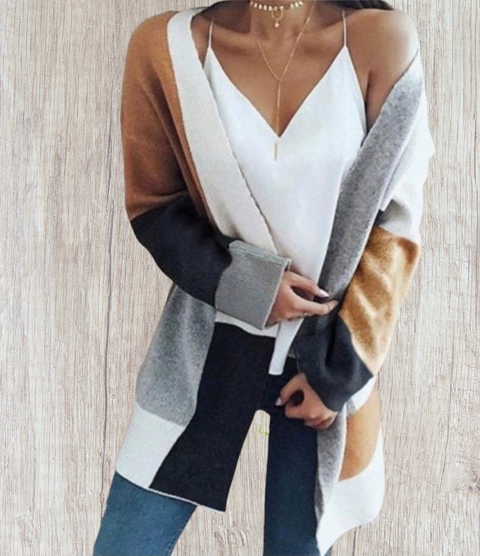 Colorblock tan cardigan with pockets